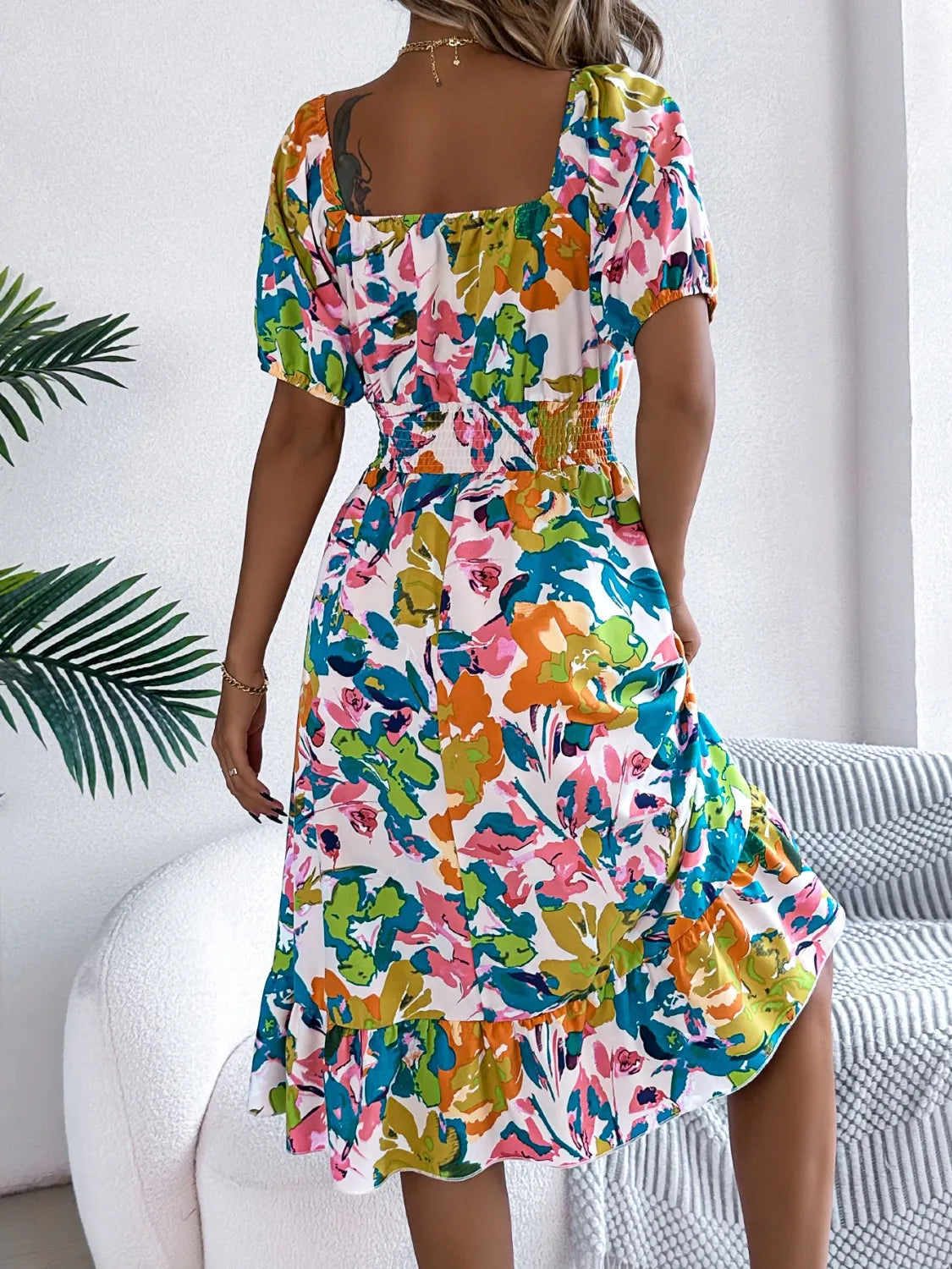 Venus Ruffled Hem Smocked Floral Short Sleeve Midi Dress — view 9
