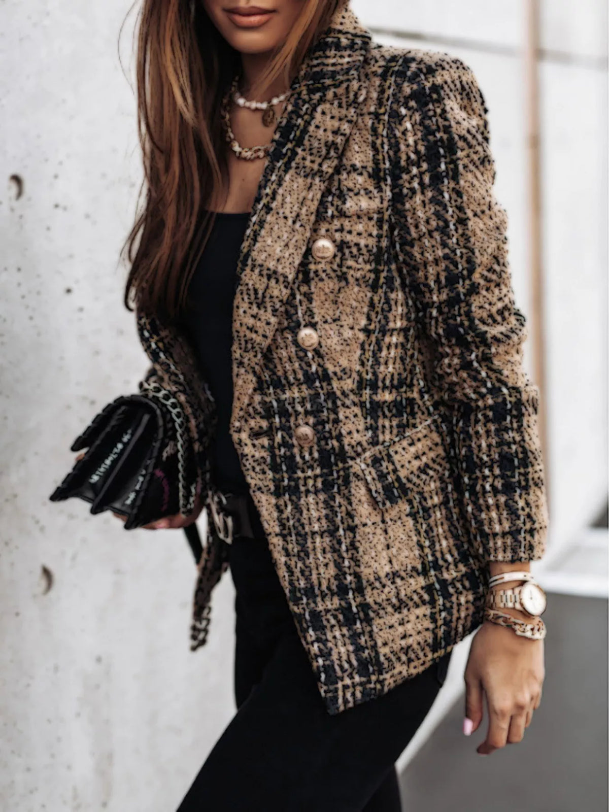 Athena Plaid Tweed Double-Breasted Blazer — view 4