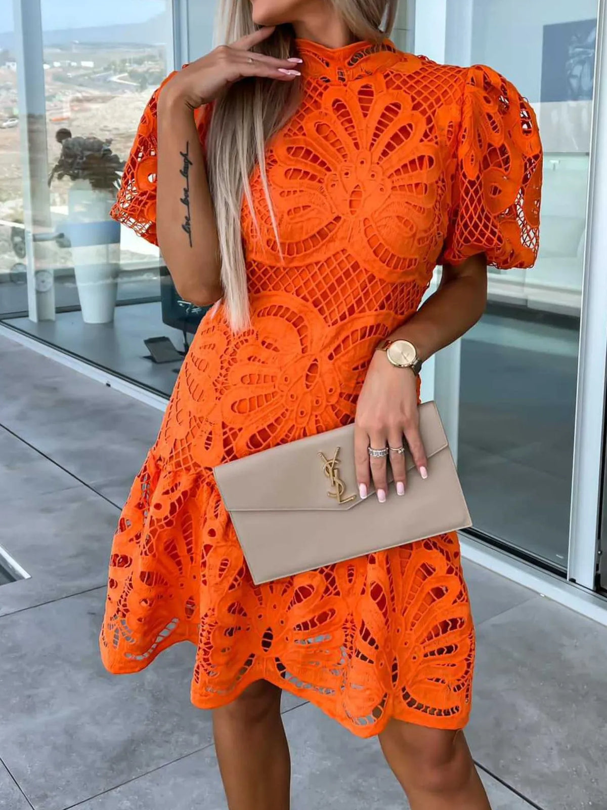 Selene Lace Mock Neck Puff Sleeve Dress — view 11