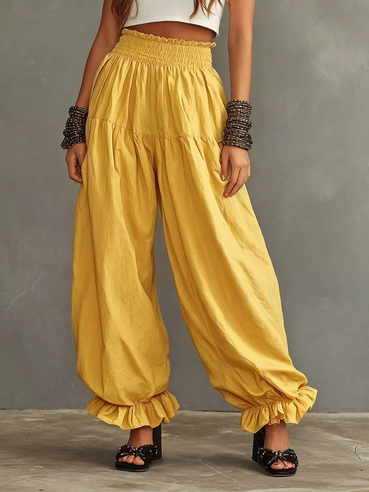 Bastet Smocked Ruffle Hem Wide Leg Pants — view 7