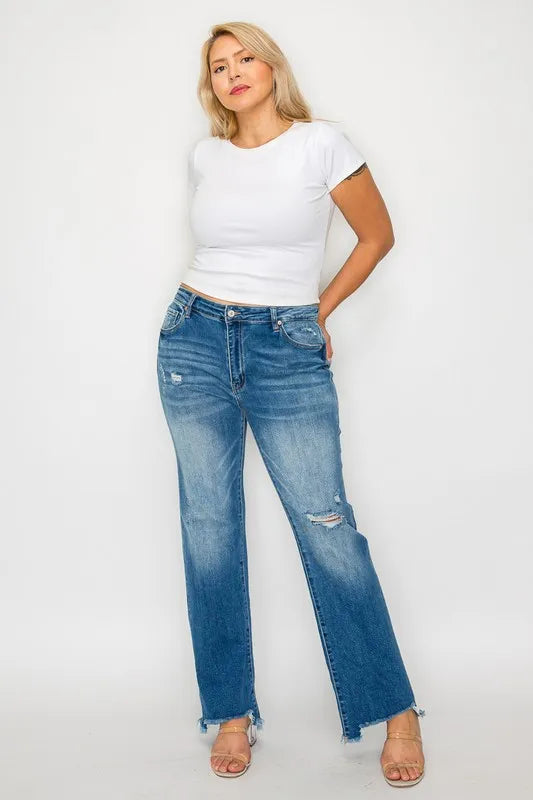 Artemis Raw Hem Distressed Mid Rise Straight Jeans — view 12