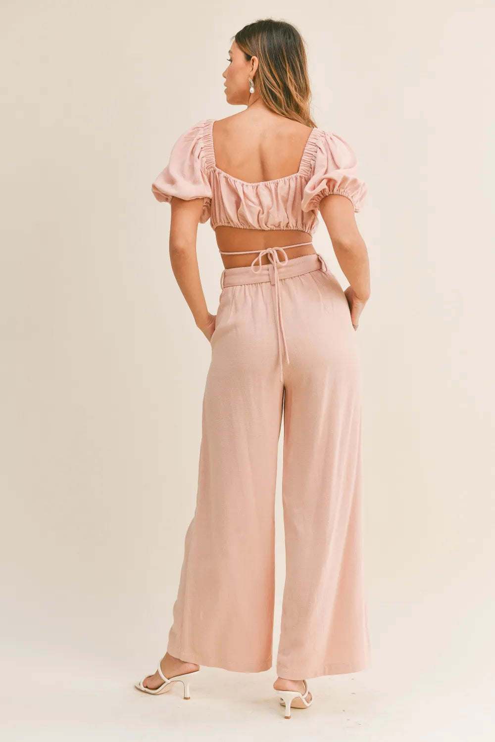 Aphrodite Cut Out Drawstring Crop Top and Belted Pants Set — view 2