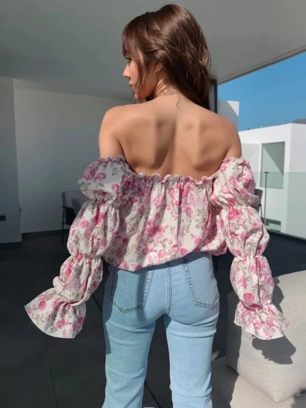 Hathor Printed Off-Shoulder Flounce Sleeve Blouse — view 6