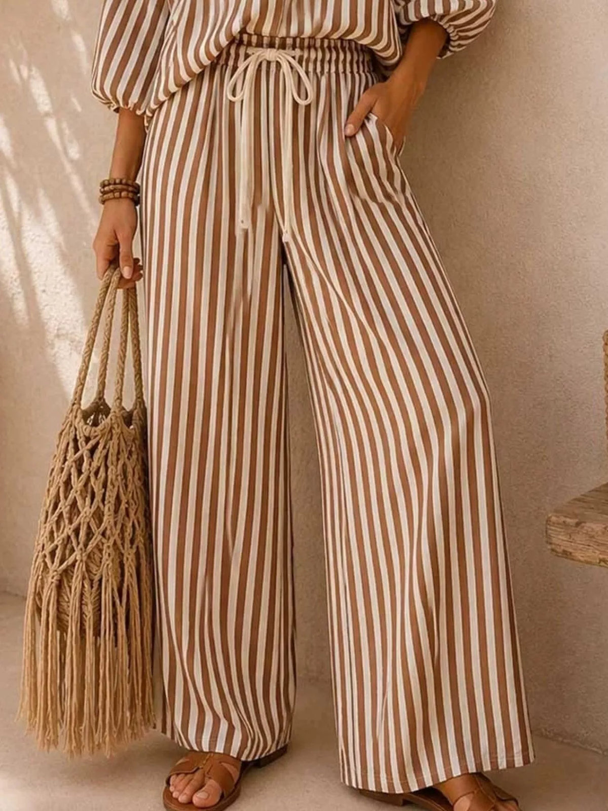 Gaia Striped Puff Sleeve Shirt and Wide-Leg Drawstring Pants Set — view 3