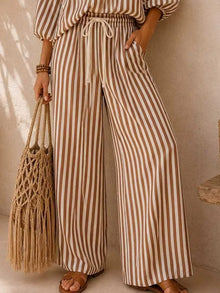 Gaia Striped Puff Sleeve Shirt and Wide-Leg Drawstring Pants Set — thumbnail 3