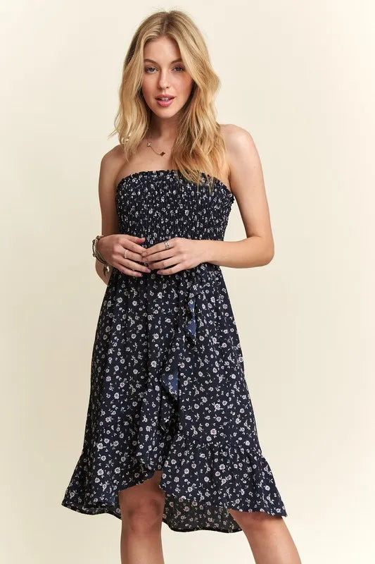 Persephone Smocked Floral Tube Dress with Pockets styled in the studio