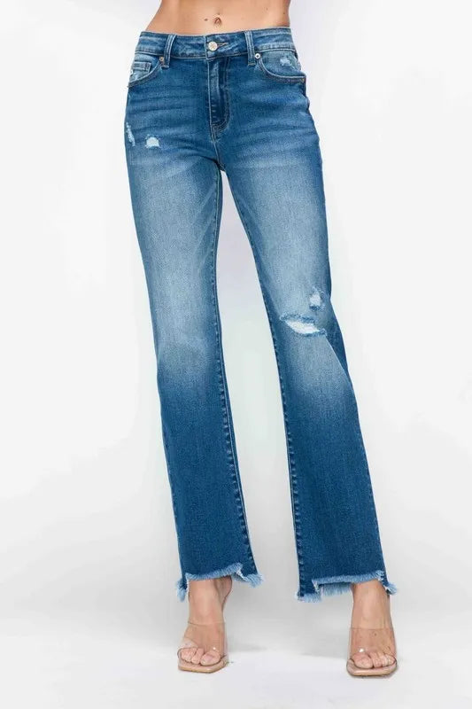 Artemis Raw Hem Distressed Mid Rise Straight Jeans — view 4
