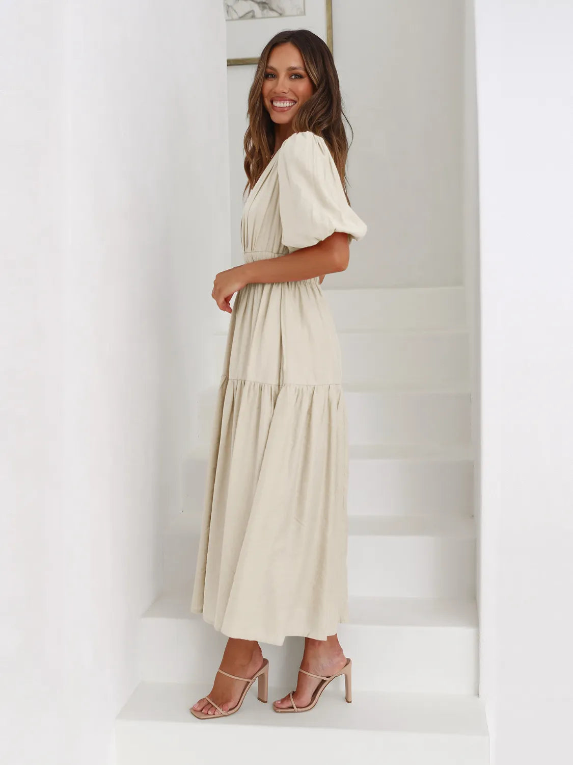 Persephone Tiered Surplice Half Sleeve Midi Dress — view 5