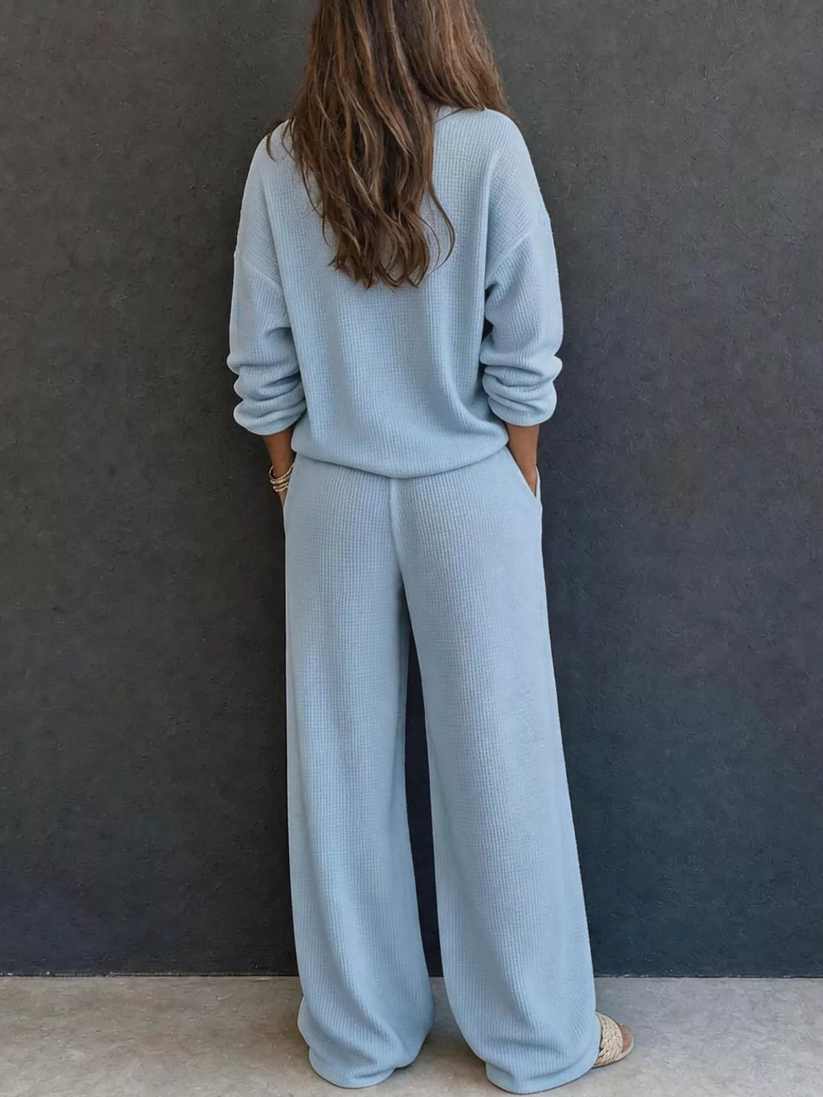Selene Waffle Knit Henley Top and Wide Leg Pants Set — view 9