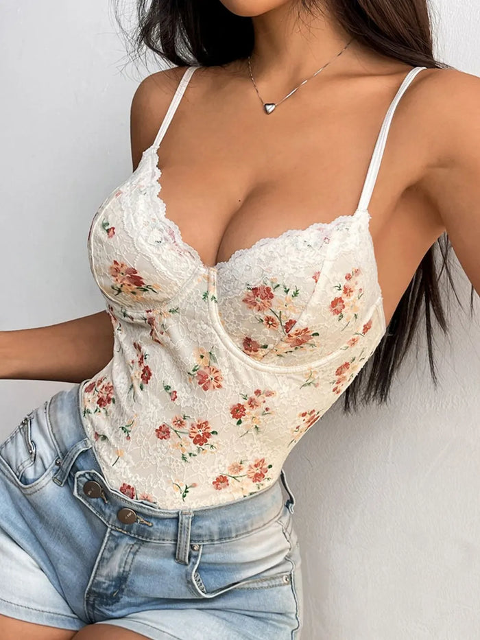 Selene Lace Detail Crisscross Back Spaghetti Strap Bodysuit