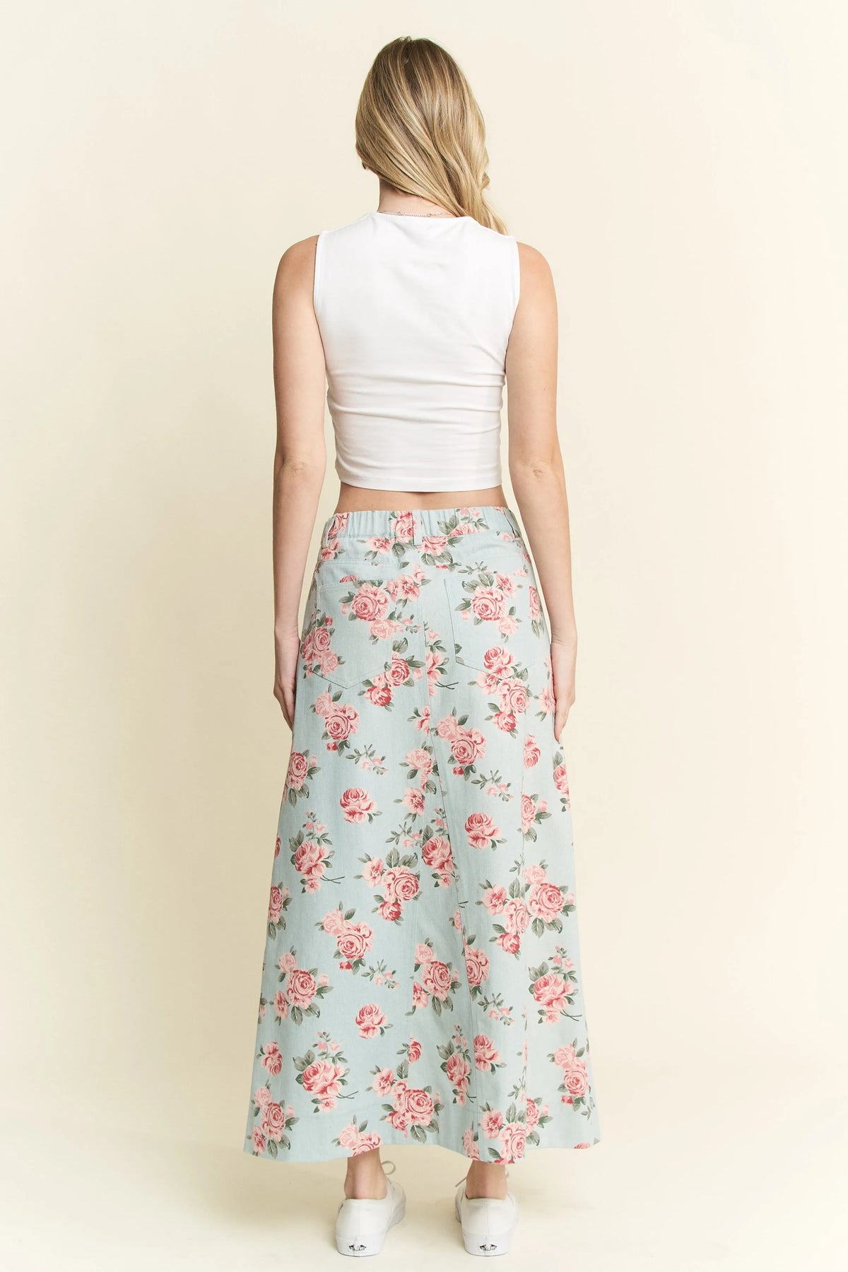 Olwen Floral Print Front Slit Denim Maxi Skirt — view 3