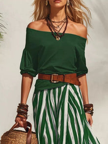 Isis Off Shoulder Top and Striped Maxi Skirt Set with Belt — thumbnail 6