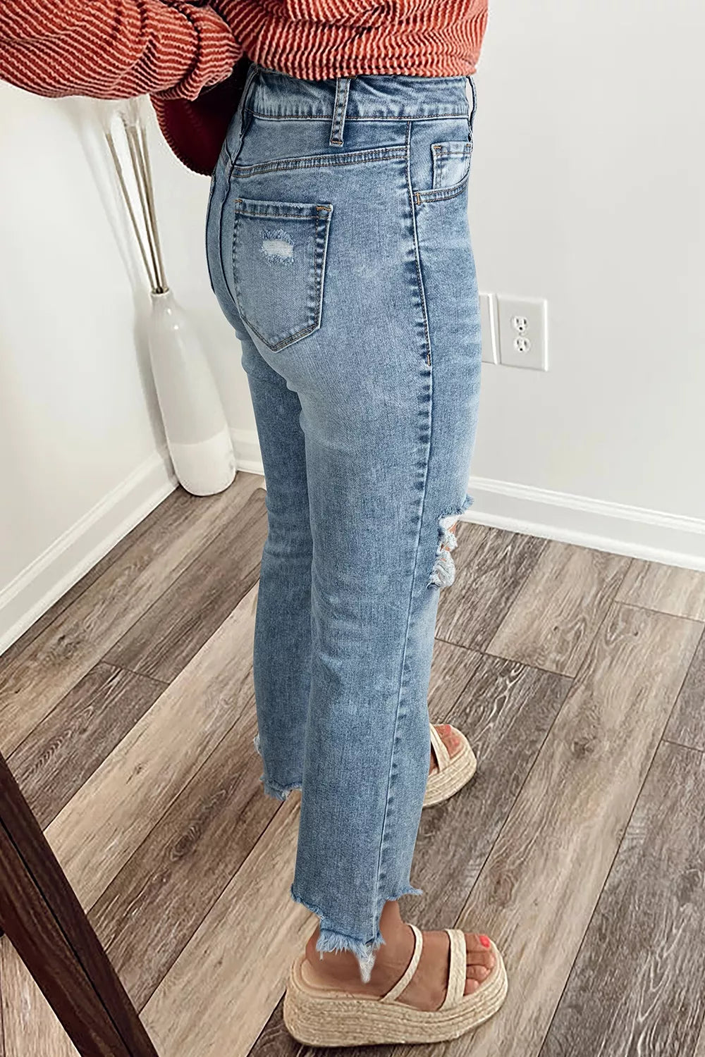Artemis Raw Hem Ripped Open Knee Fit Flare Jeans — view 2