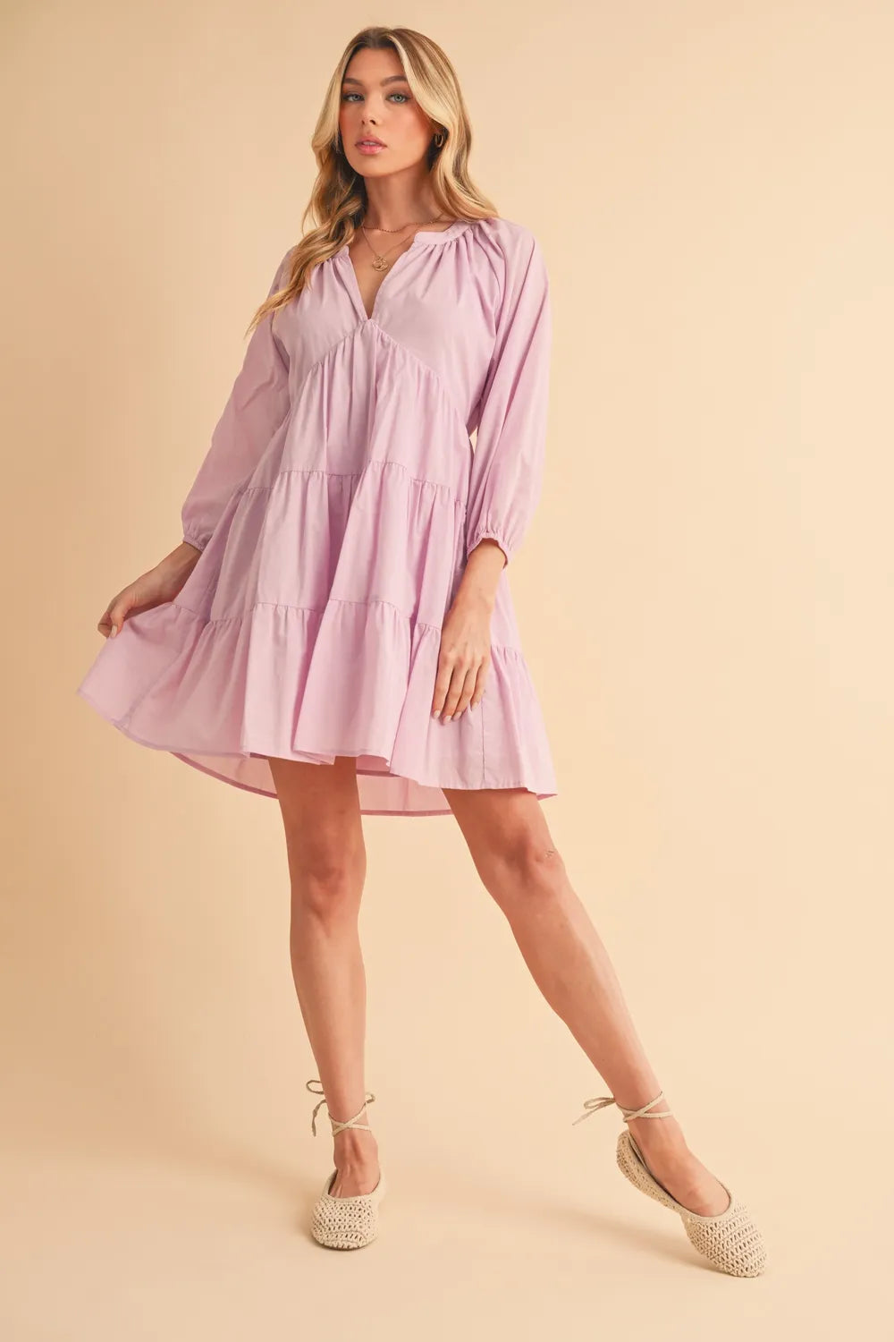 Inanna Aemi + Co Notched Balloon Sleeve Tiered Mini Dress — view 9