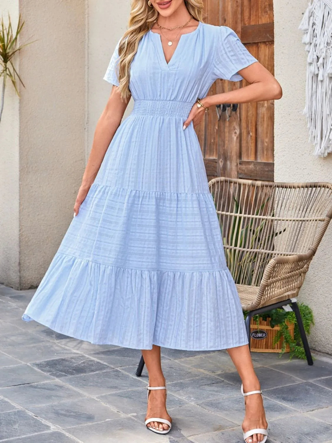 Sekhmet Tiered Notched Short Sleeve Dress — view 5