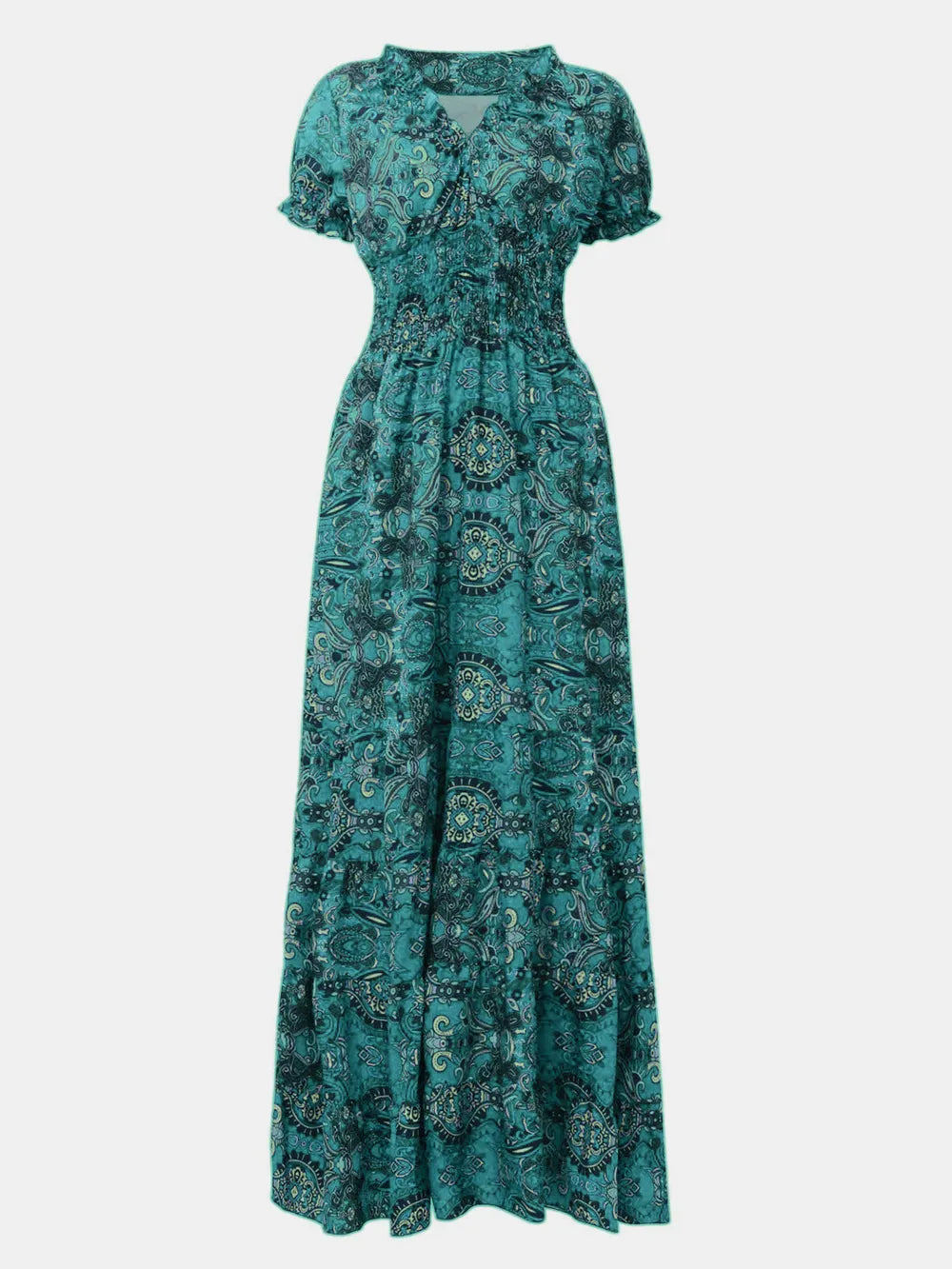 Pele Smocked Printed V-Neck Short Sleeve Dress — view 14