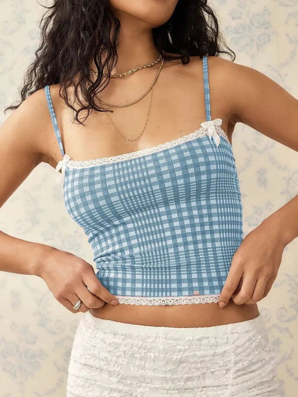 Aurora Lace Detail Plaid Square Neck Cami — view 6