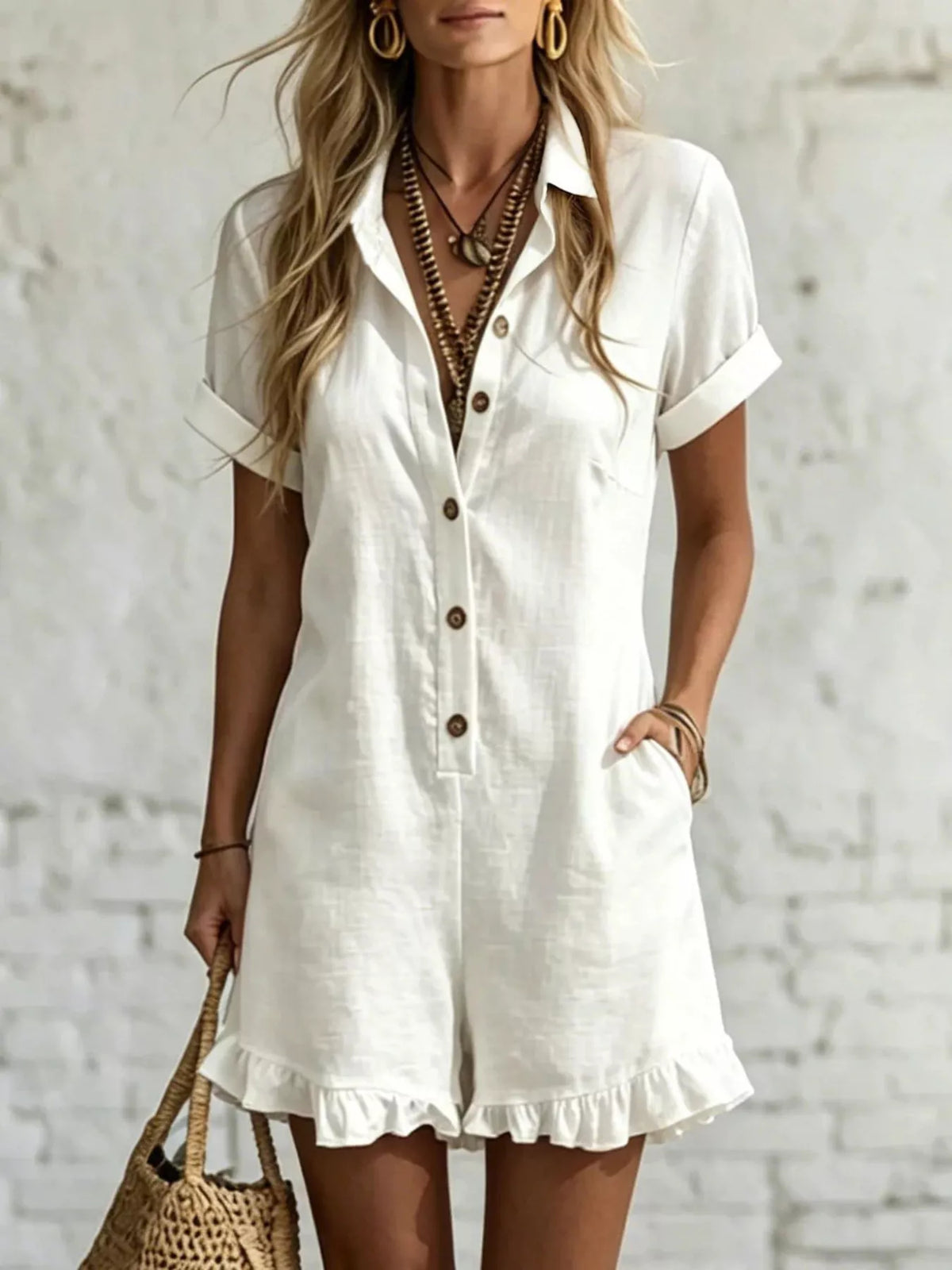 Demeter Button Front Ruffled Hem Romper — view 6