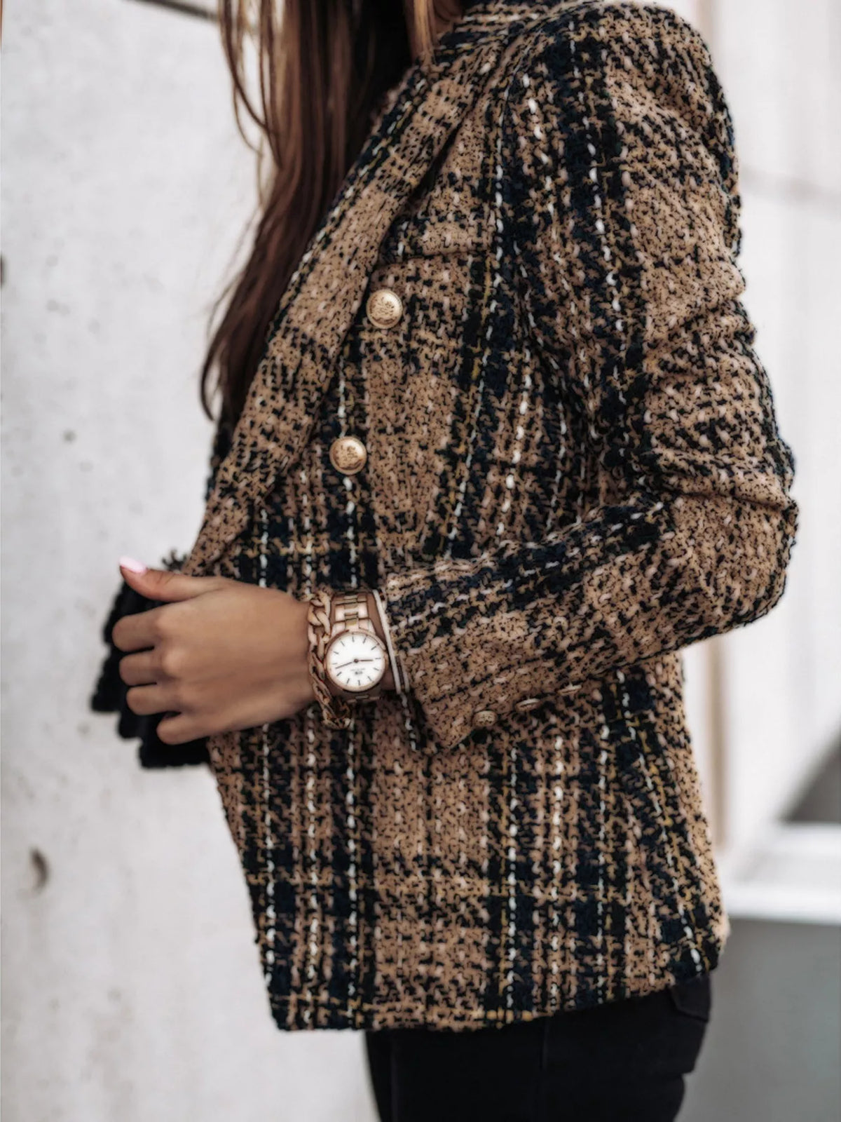 Athena Plaid Tweed Double-Breasted Blazer — view 5