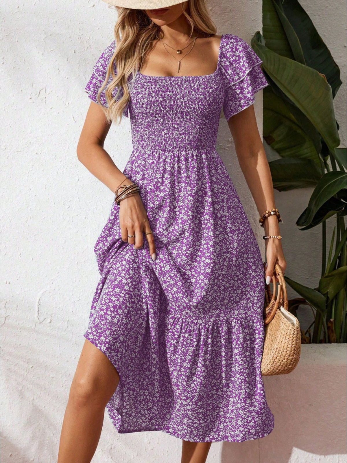 Persephone Floral Print Smocked Ruffle Sleeves Dress — view 6