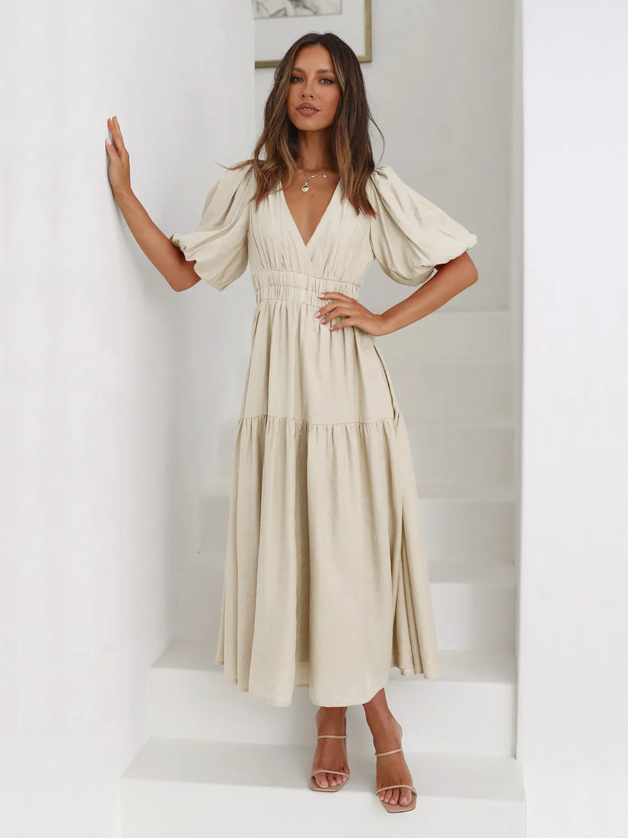 Persephone Tiered Surplice Half Sleeve Midi Dress styled in the studio