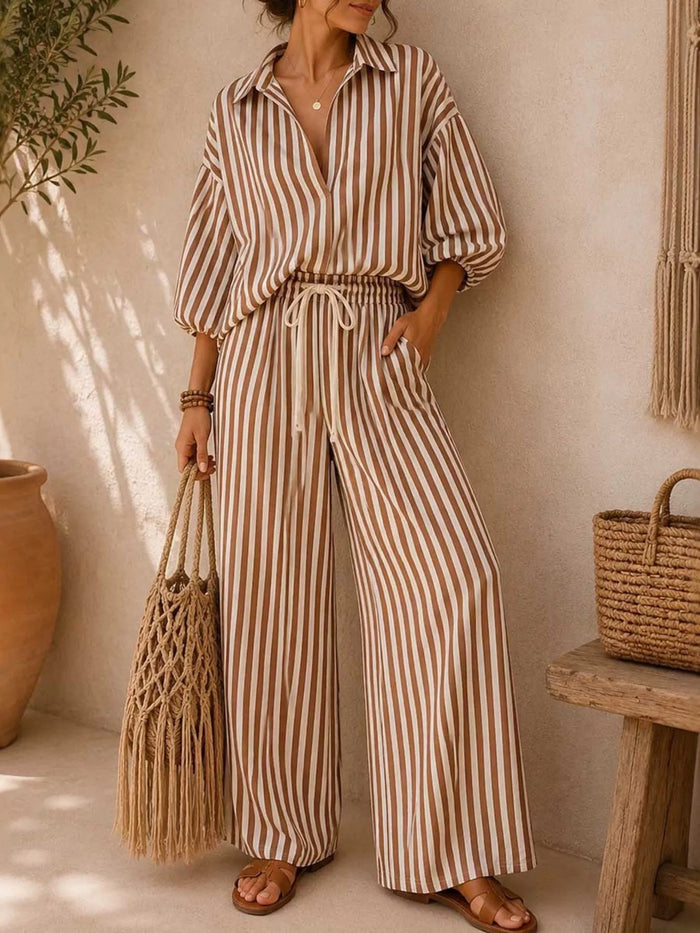 Gaia Striped Puff Sleeve Shirt and Wide-Leg Drawstring Pants Set