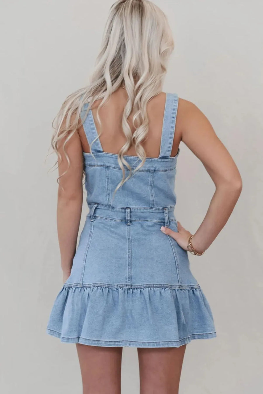 Aurora Ruffled Hem Button Front Square Neck Denim Dress styled in the studio