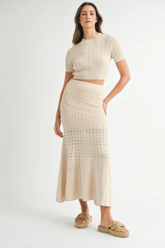 Vesta Pointelle Short Sleeve Crop Top and Slit Skirt Sweater Set
