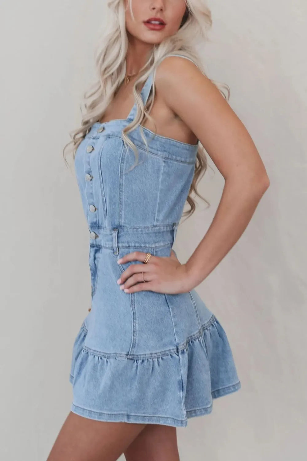 Aurora Ruffled Hem Button Front Square Neck Denim Dress — view 2