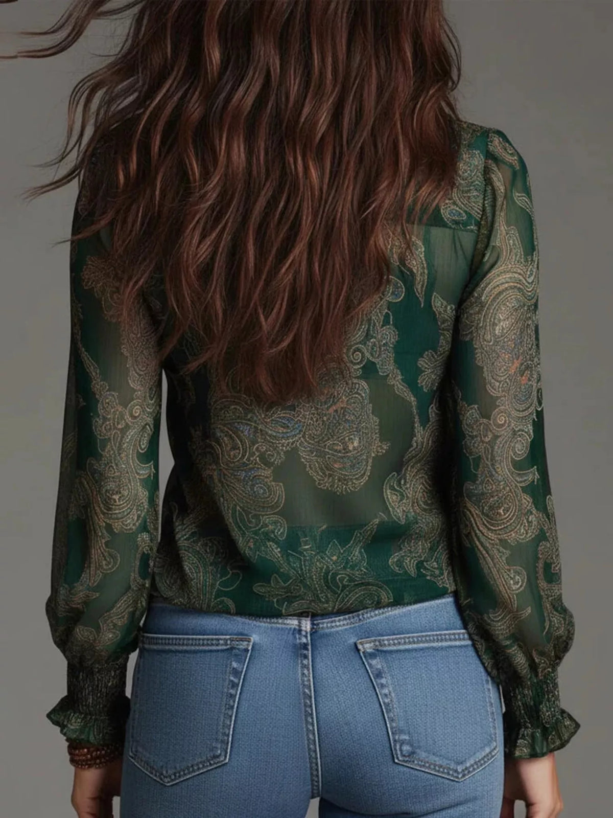 Rhiannon Paisley Print Ruffle Trim Zip-Front Blouse — view 14