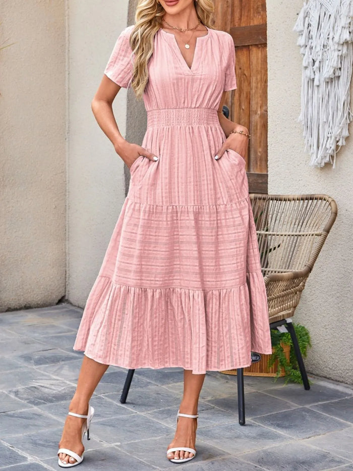 Sekhmet Tiered Notched Short Sleeve Dress