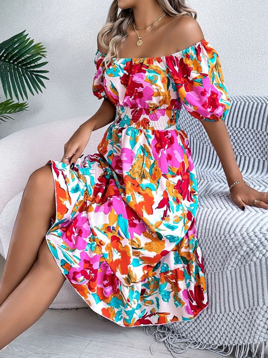Venus Ruffled Hem Smocked Floral Short Sleeve Midi Dress styled in the studio