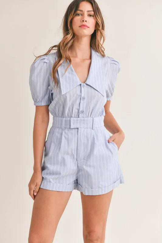 Ishtar Striped Puff Sleeve Collared Neck Romper
