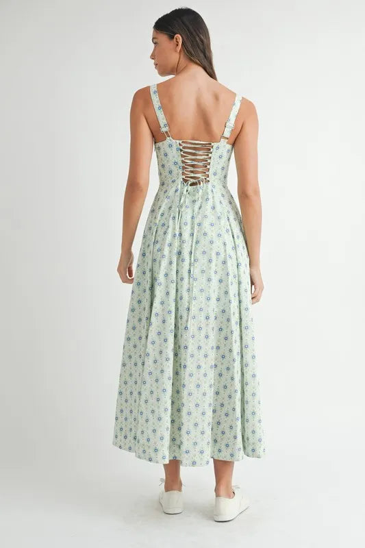 Olwen Floral Print Bustier Back Lace Up Midi Dress — view 2