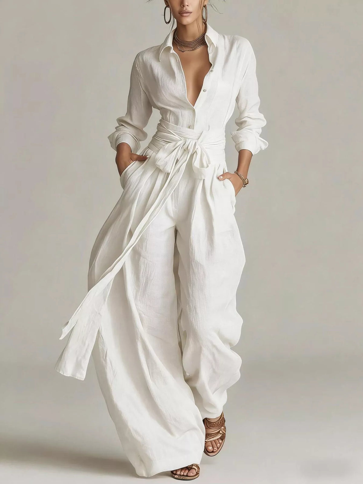 Hera Long-Sleeve Button-Down Waist-Tie Jumpsuit — view 10