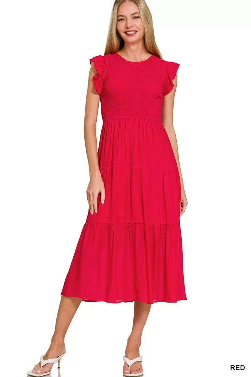 Aphrodite Woven Smocked Ruffle Sleeve Midi Dress — view 3