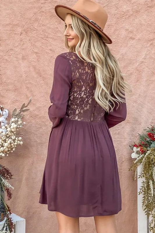Aphrodite Back Lace Button Down Detail Bell Sleeve Dress — view 2