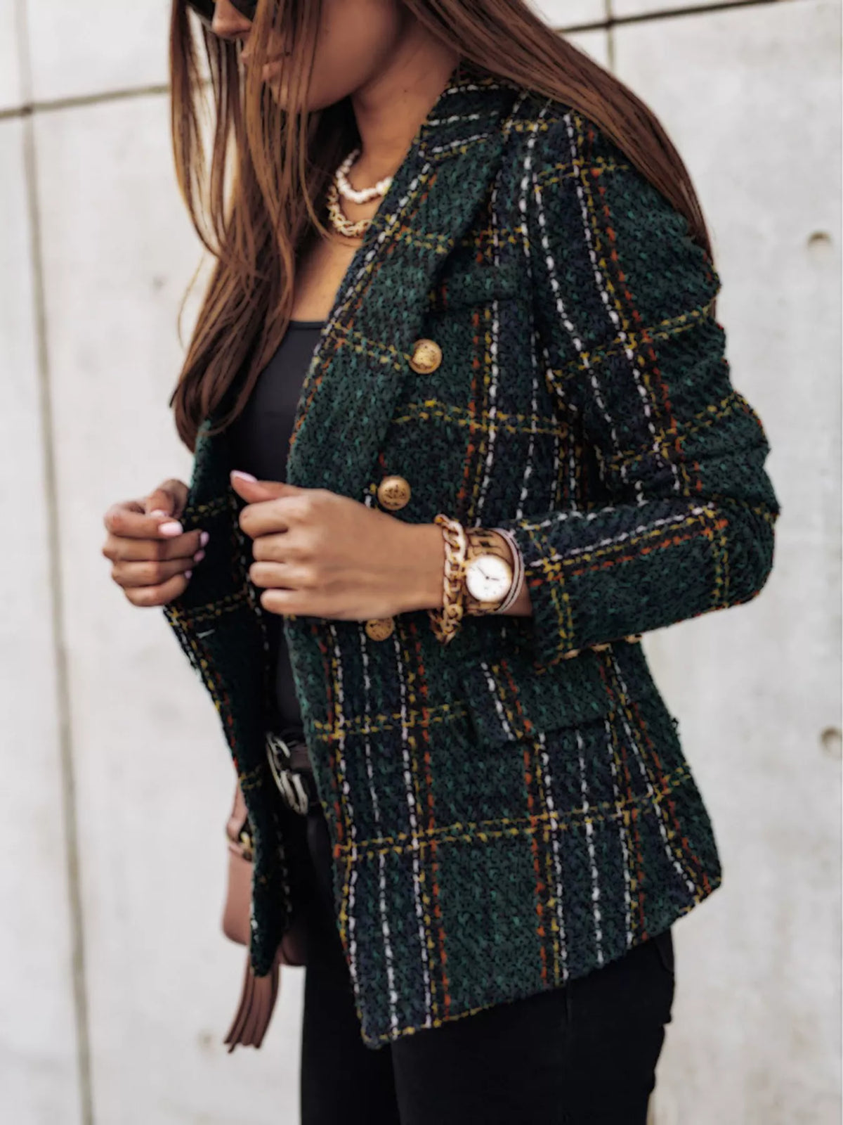 Athena Plaid Tweed Double-Breasted Blazer — view 8