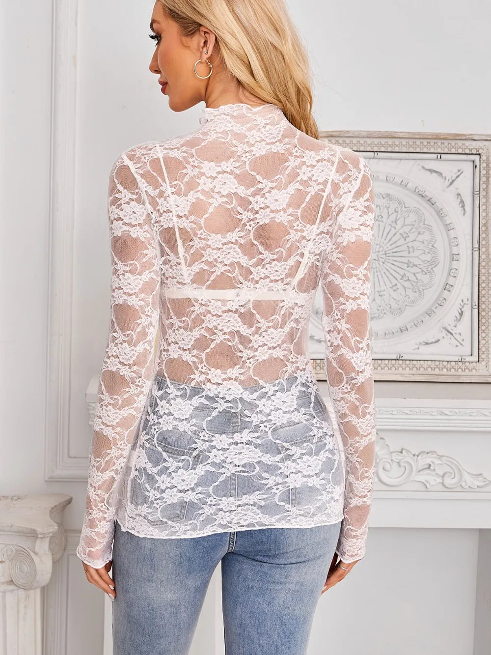 Morrigan Mock Neck Long Sleeve Lace Sheer Top — view 12