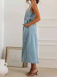 Artemis Smocked Back Button Front Denim Midi Dress — thumbnail 2