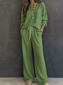 Selene Waffle Knit Henley Top and Wide Leg Pants Set — thumbnail 13
