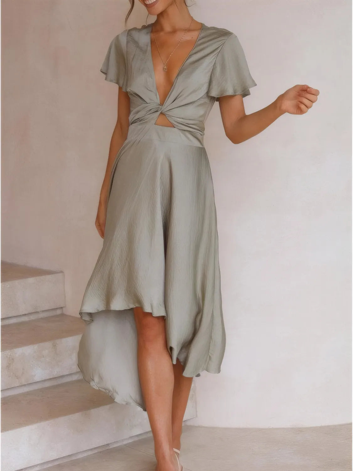 Pele High-Low Plunge Flutter Sleeve Dress — view 4