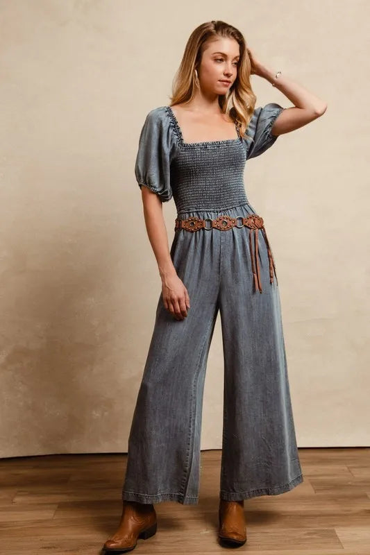Hera Smocked Washed Puff Sleeve Square Neck Denim Jumpsuit — view 2