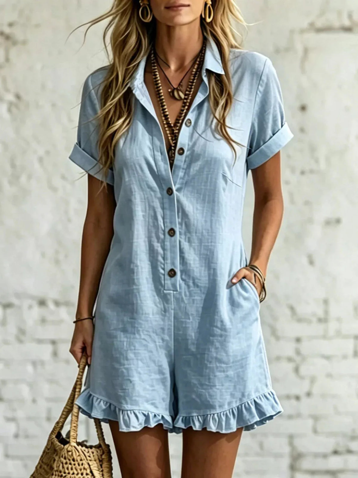 Demeter Button Front Ruffled Hem Romper — view 2