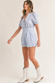 Ishtar Striped Puff Sleeve Collared Neck Romper — thumbnail 7