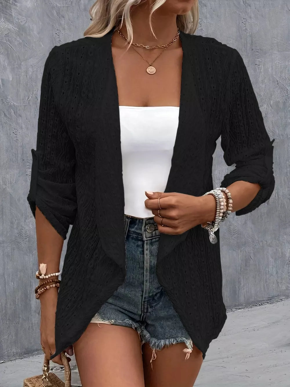 Brigid Eyelet Roll-Tab Sleeve Cardigan — view 19
