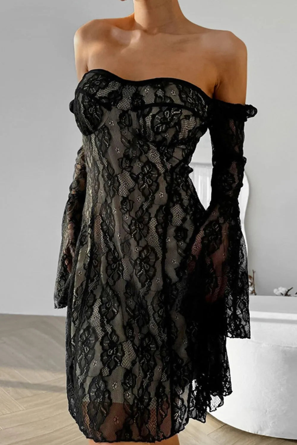 Hecate Lace Sweetheart Neck Flare Sleeve Mini Dress — view 7