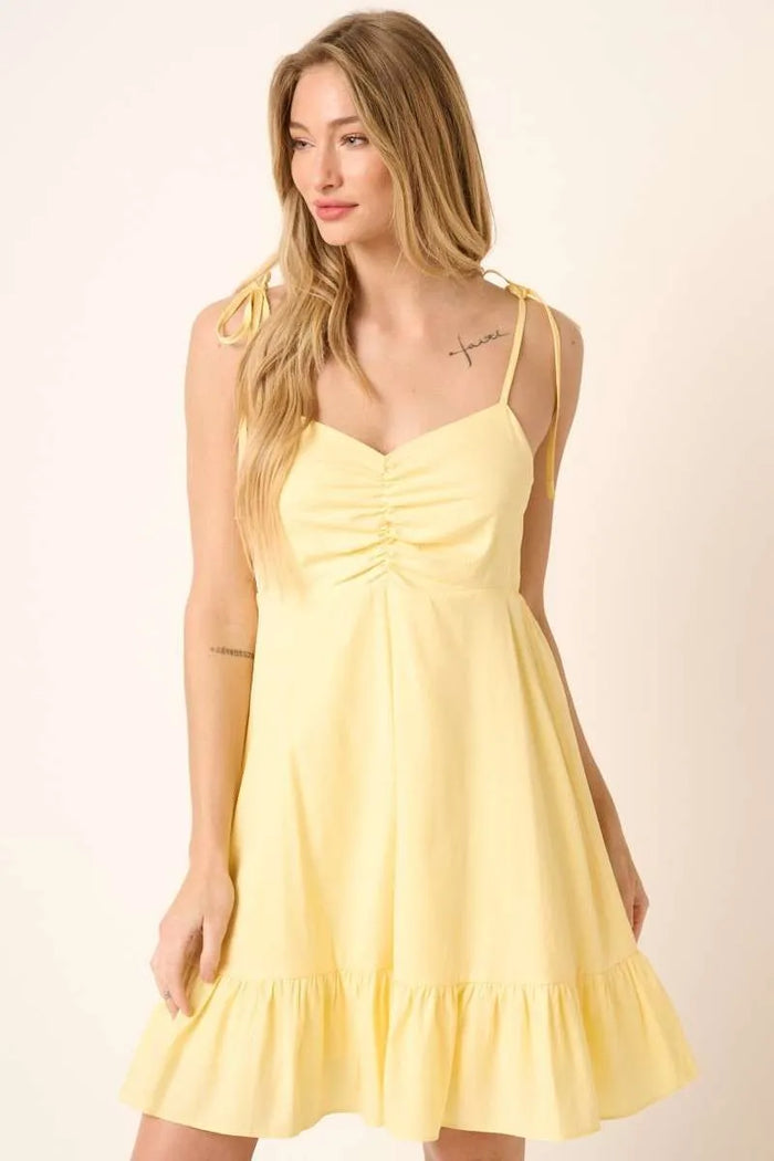 Eos Ruched Tie Mini Dress