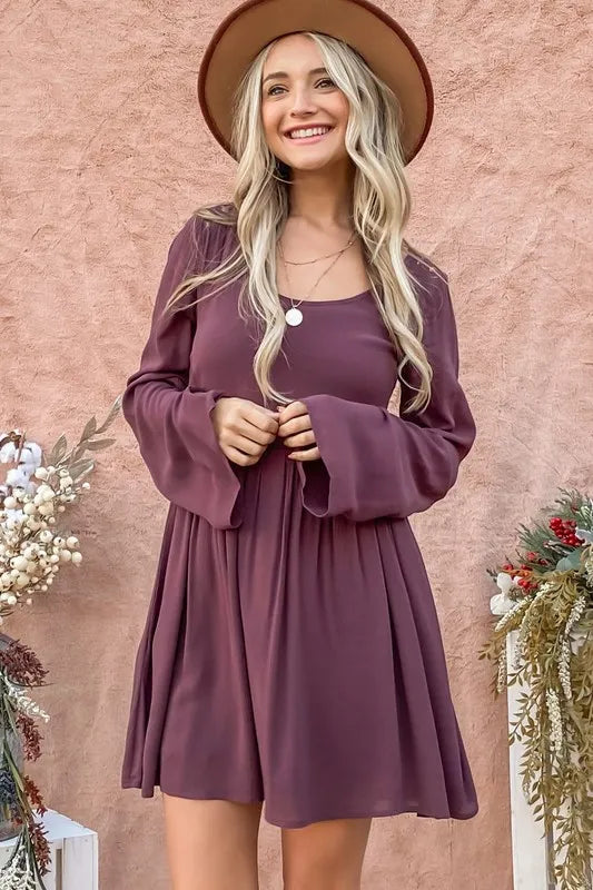 Aphrodite Back Lace Button Down Detail Bell Sleeve Dress