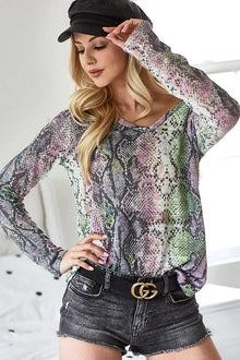 Iris Snakeskin Print Low Gauge Hacci V Neck Top — thumbnail 1